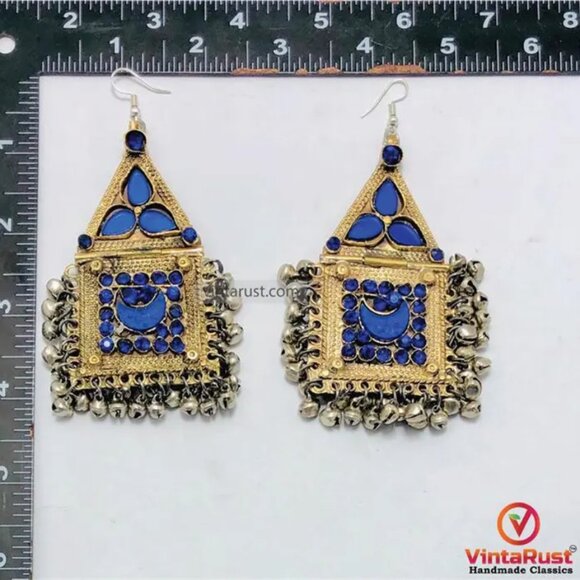 Pure Vintage Blue Dangle Earrings With Bells, Afghan Kuchi Massive Earrings - Picture 5 of 8